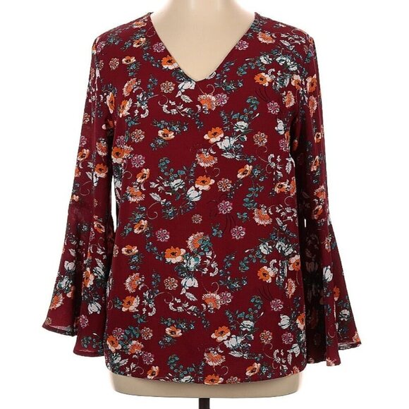 Valerie Stevens women's XL burgundy floral bell sleeve boho top w/ back cut out - Picture 1 of 7